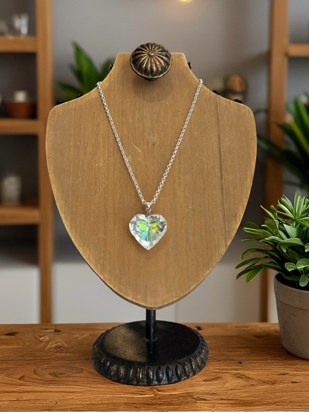 Faceted Iridescent Glass Heart Pendant Necklace - Silver Toned Chain